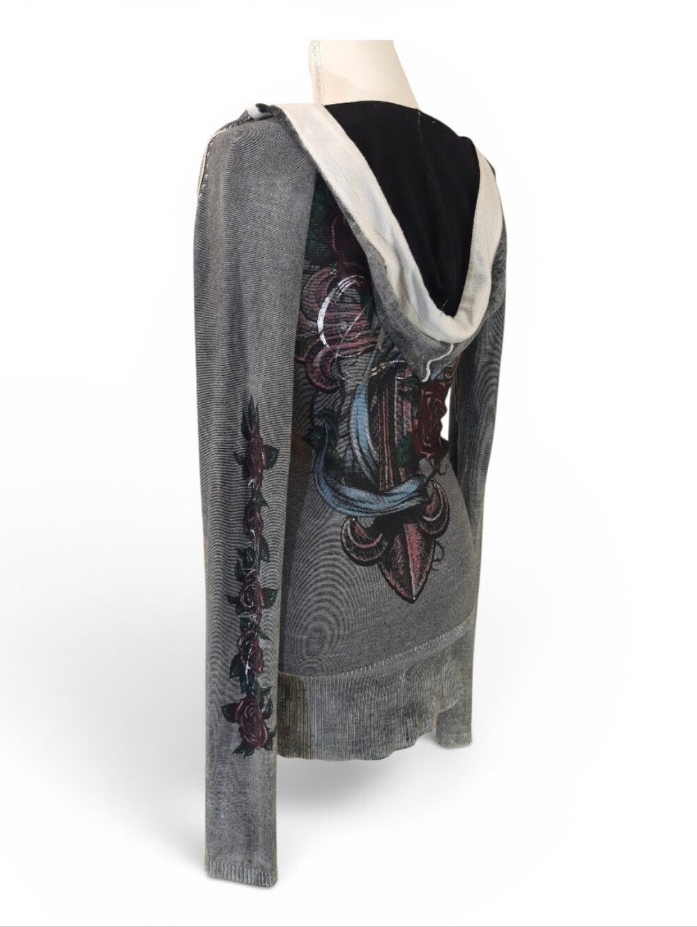 Sinful Affliction Women's Gray V-neck Hoodie Pullover Sweater - Sz Medium - Picture 3 of 8
